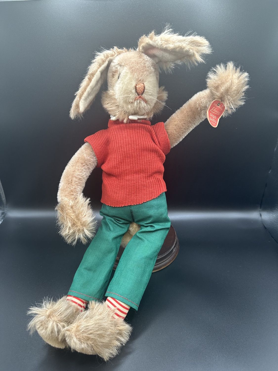 Plush. Germany. Schuco. Bigo Bello Boy Doll. Vintage. Light Brown Rabbit w/ Red Shirt and Green Pants. 15&quot;H