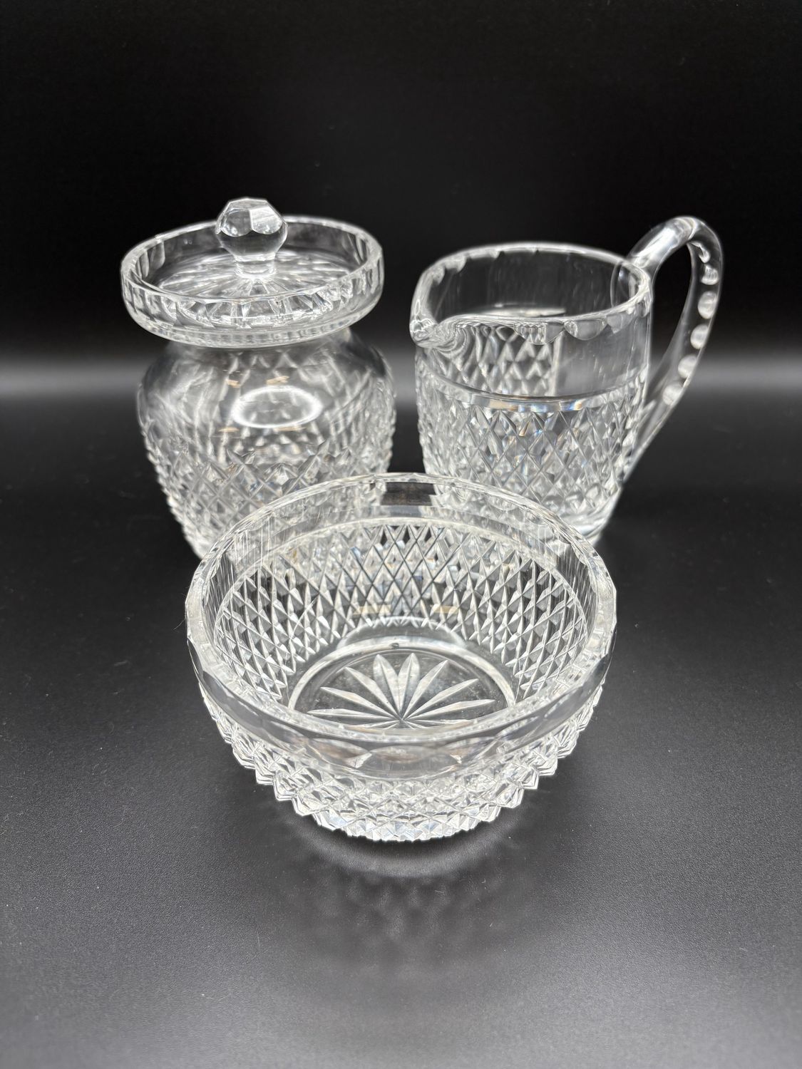 Crystal. Ireland. Waterford. Cream (4.25&quot;H), Bowl (2.25&quot;H), and Sugar (4.75&quot;H) Set.
