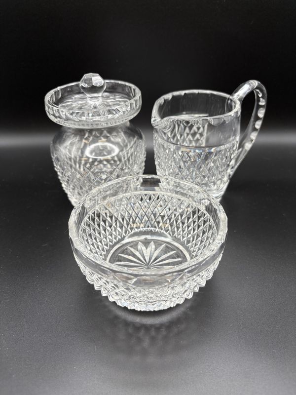 Crystal. Ireland. Waterford. Creamer (4.25&quot;H), Bowl (2.25&quot;H), and Sugar (4.75&quot;H) Set.