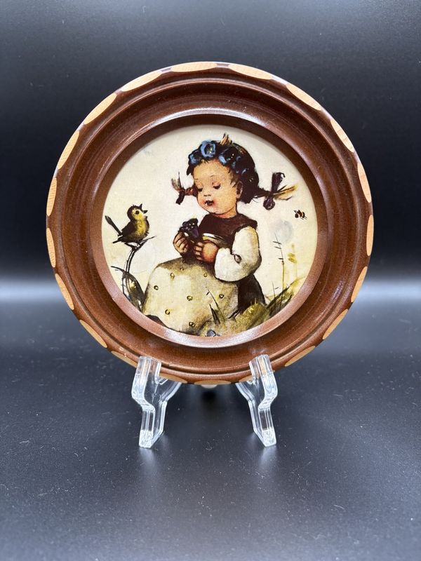 Music Box. Reuge. Germany. Round Wood Pull-String Hanging Musical Decor w/ Image of &quot;Botanist&quot; Hummel. 1.5&quot;H