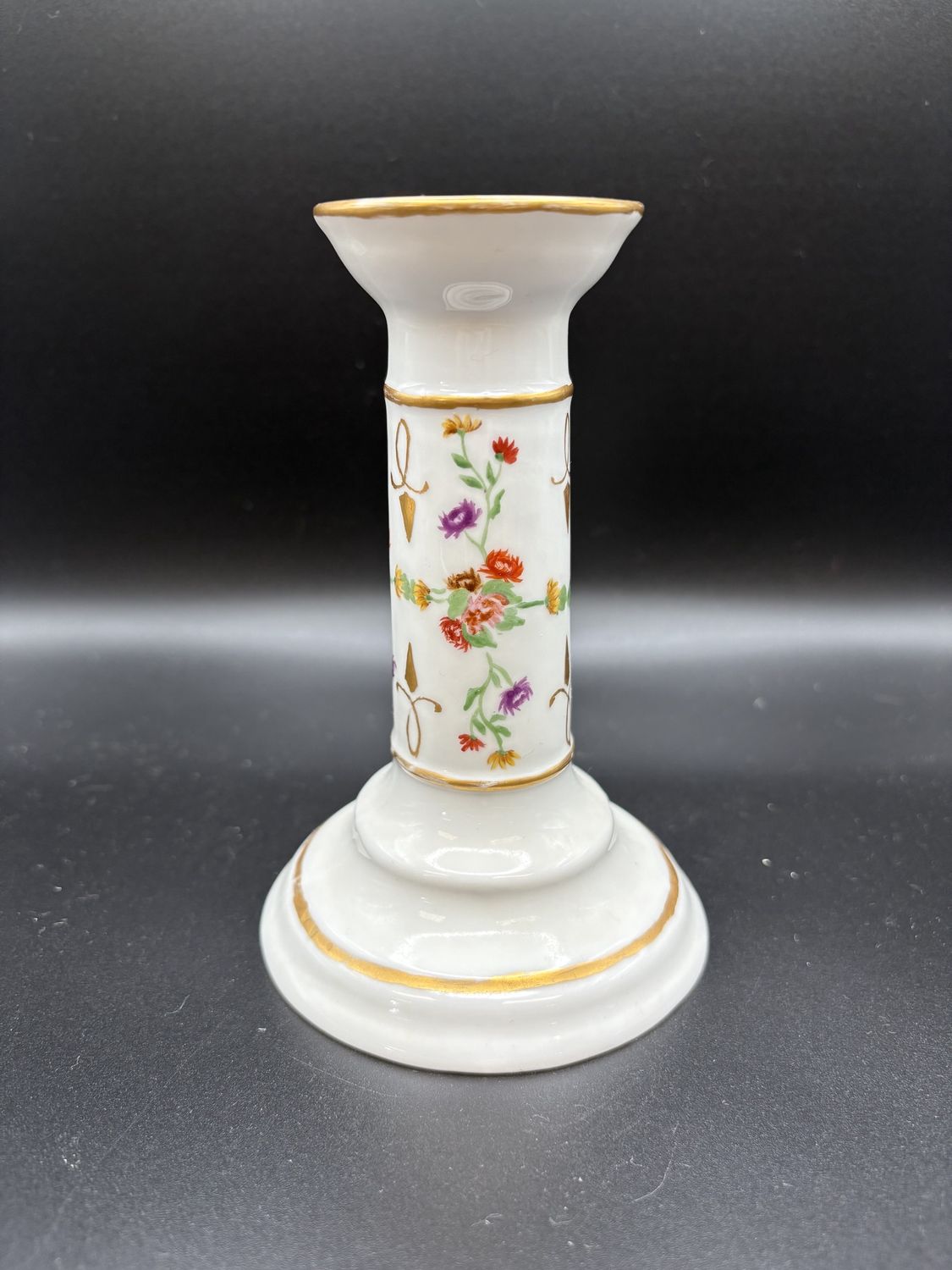 Porcelain. Germany. Candleholder. White w/ Gold Trim &amp; Colored Flowers. 6&quot;H
