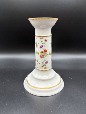 Porcelain. Germany. Candleholder. White w/ Gold Trim &amp; Colored Flowers. 6"H