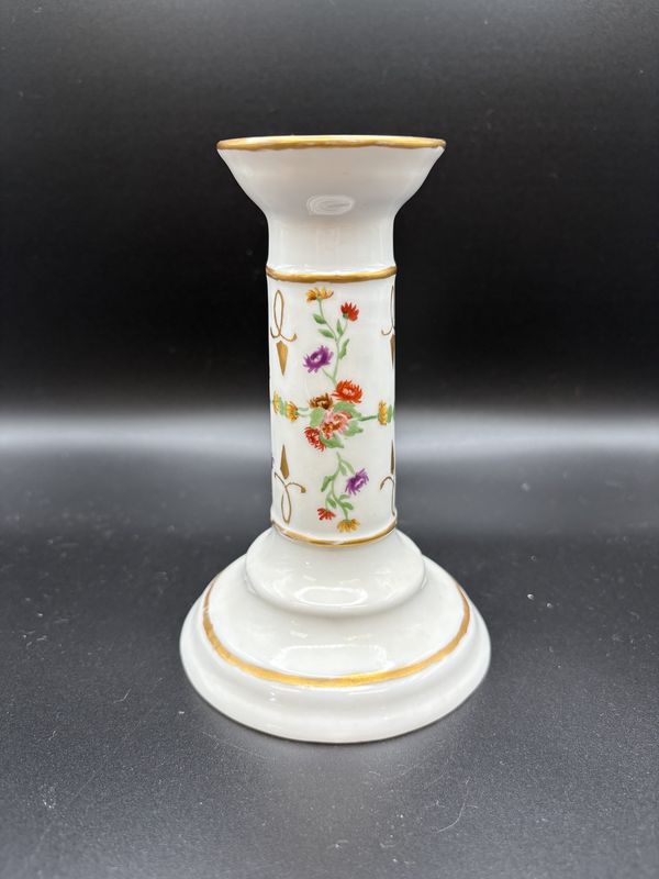 Porcelain. Germany. Candleholder. White w/ Gold Trim &amp; Colored Flowers. 6&quot;H