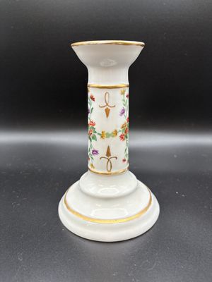 Porcelain. Germany. Candleholder. White w/ Gold Trim &amp; Colored Flowers. 6"H