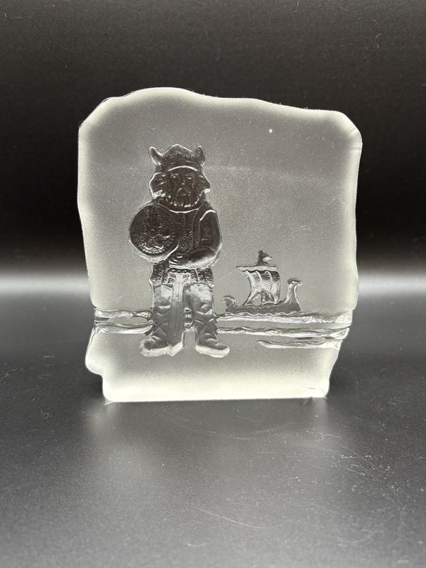 Glass. Sweden. Nybro. Paperweight w/Carved Viking Ship. 5.25"H