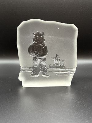 Glass. Sweden. Nybro. Paperweight w/Carved Viking Ship. 5.25"H