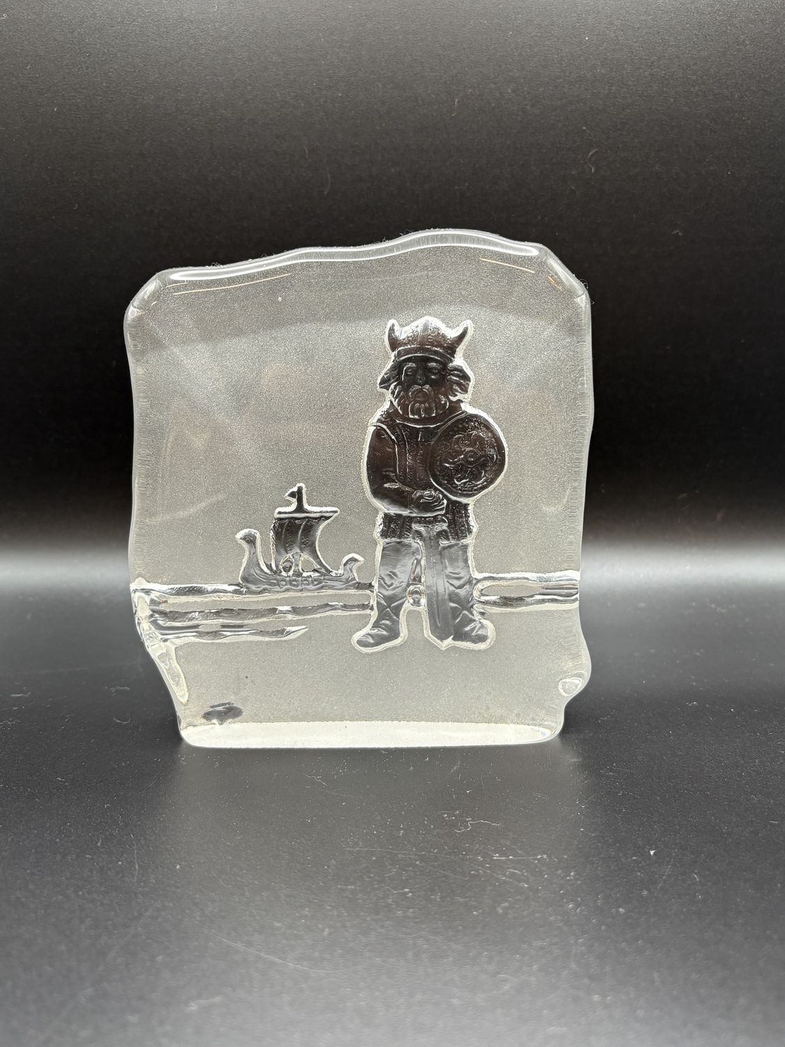 Glass. Sweden. Nybro. Paperweight w/Carved Viking Ship. 5.25&quot;H