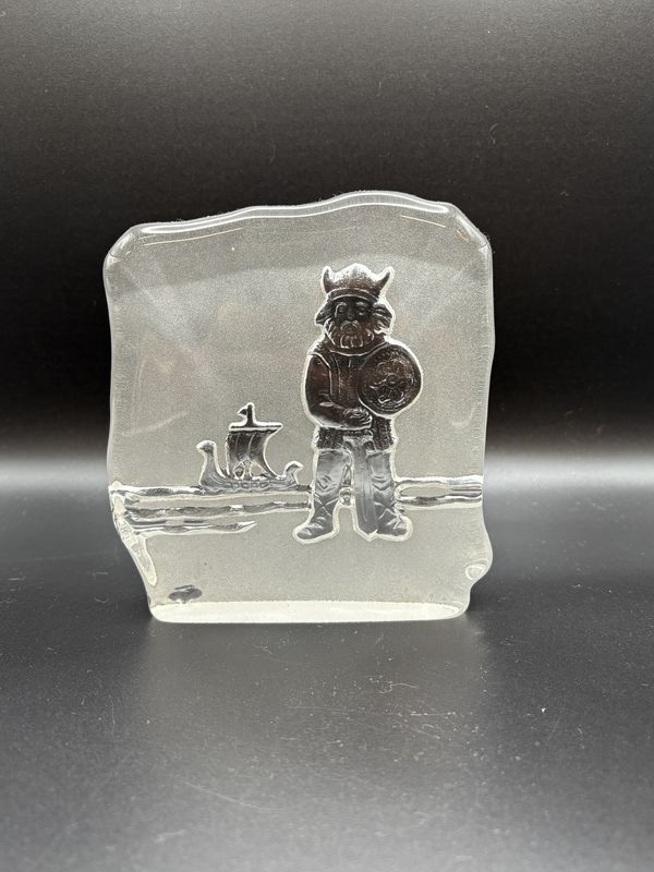 Glass. Sweden. Nybro. Paperweight w/Carved Viking Ship. 5.25&quot;H