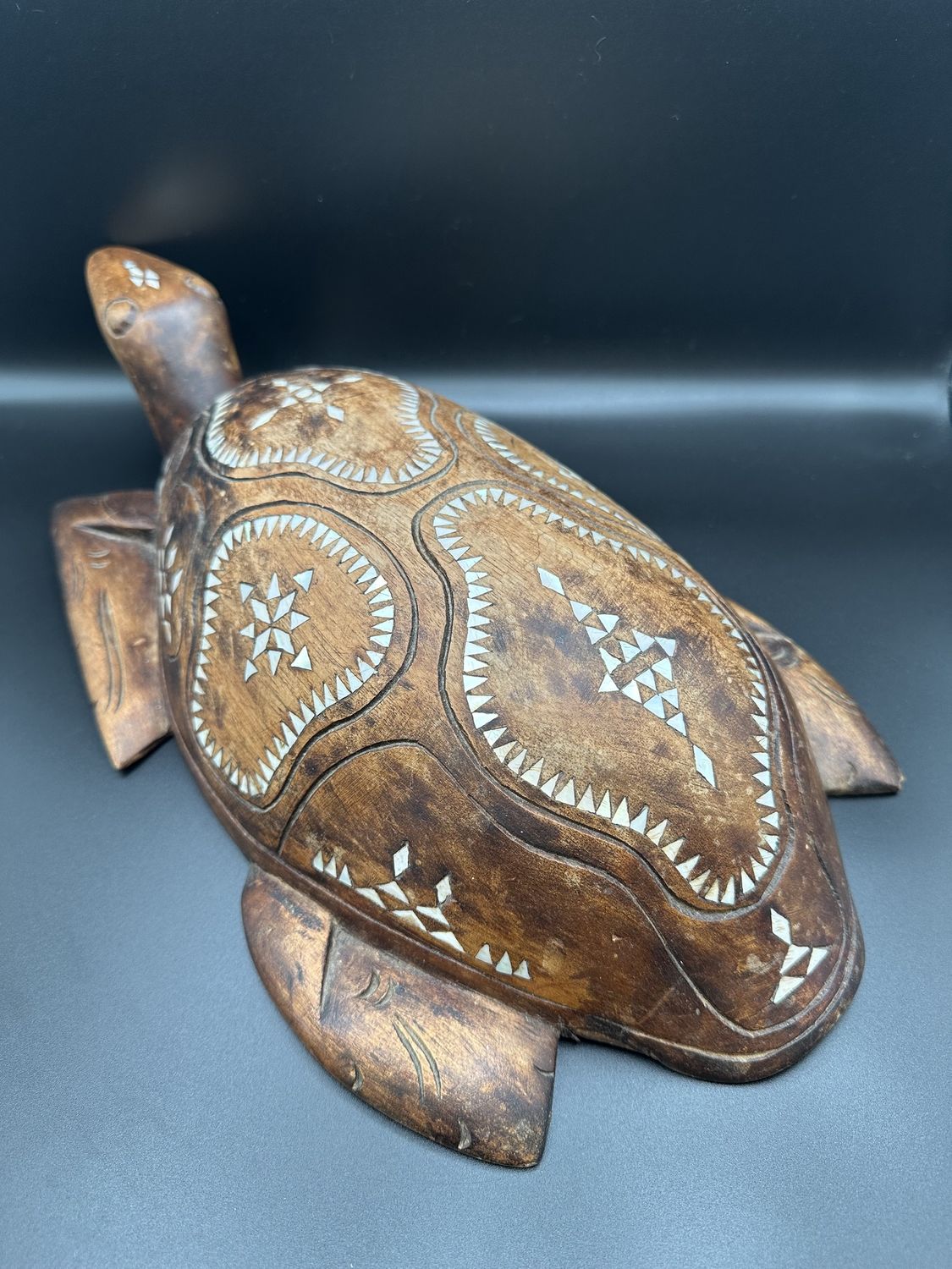 Wood. Carved Sea Turtle with Shell Accents. 16&quot;L