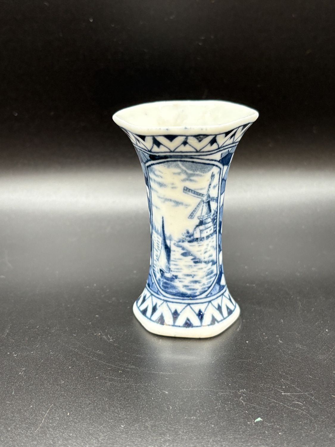 Ceramic. Netherlands. Delft. White &amp; Blue Mini Vase. Ship &amp; Windmill Design on Front. 3.25&quot;H