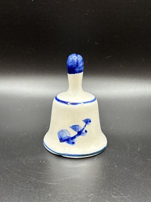 Ceramic. Netherlands. Delft. White &amp; Blue Small Bell w/Windmill Design on Front. 3"H