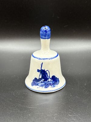 Ceramic. Netherlands. Delft. White &amp; Blue Small Bell w/Windmill Design on Front. 3"H