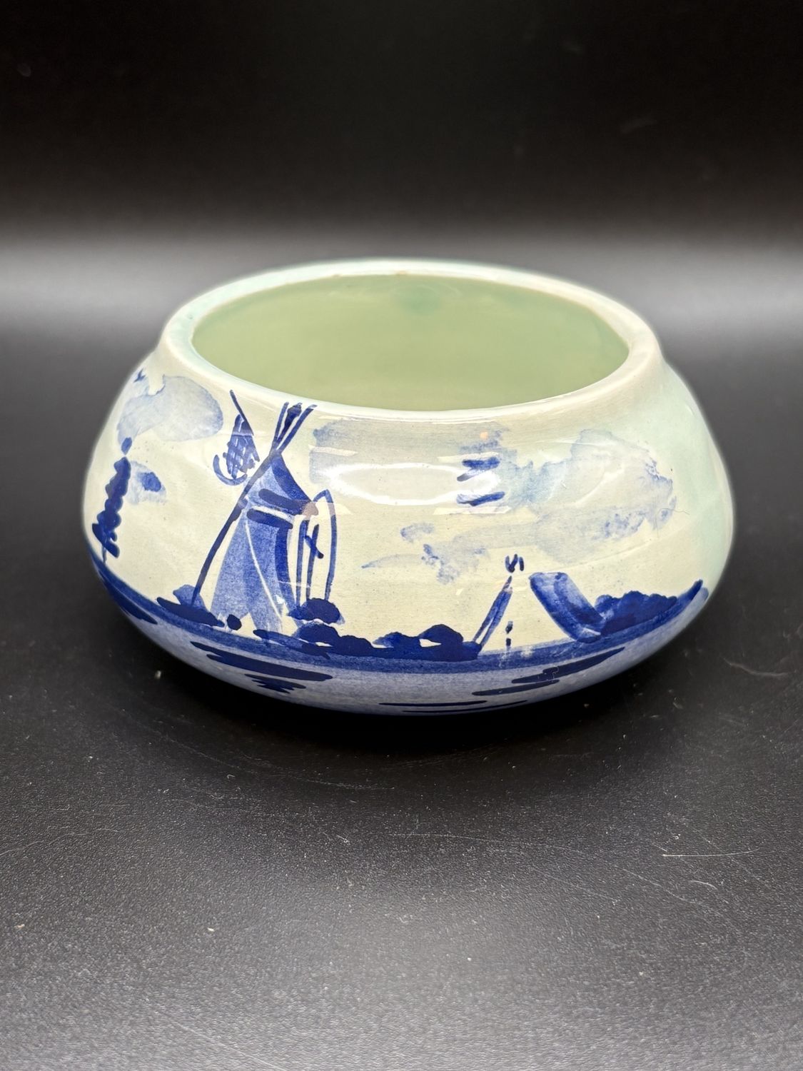 Ceramic. Netherlands. Delft. White &amp; Blue Mini Bowl w/Windmill &amp; Ship Design. 3.5&quot;W
