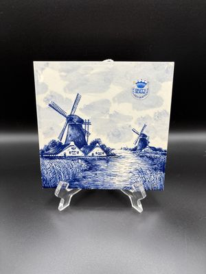 Ceramic. Netherlands. Delft. White &amp; Blue Decorative Tile w/Two Windmills on River Design. 6"H