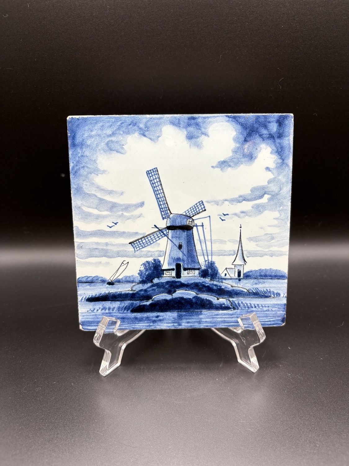 Ceramic. Netherlands. Delft. White &amp; Blue Decorative Tile w/Windmill and Church in Background Design. 5.25&quot;H