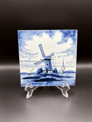 Ceramic. Netherlands. Delft. White &amp; Blue Decorative Tile w/Windmill and Church in Background Design. 5.25"H