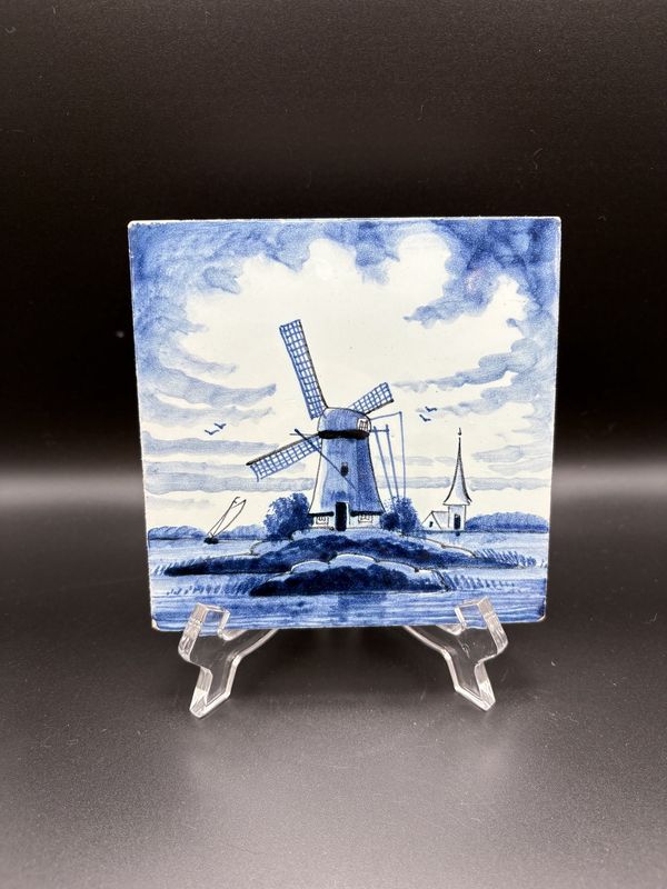 Ceramic. Netherlands. Delft. White &amp; Blue Decorative Tile w/Windmill and Church in Background Design. 5.25&quot;H