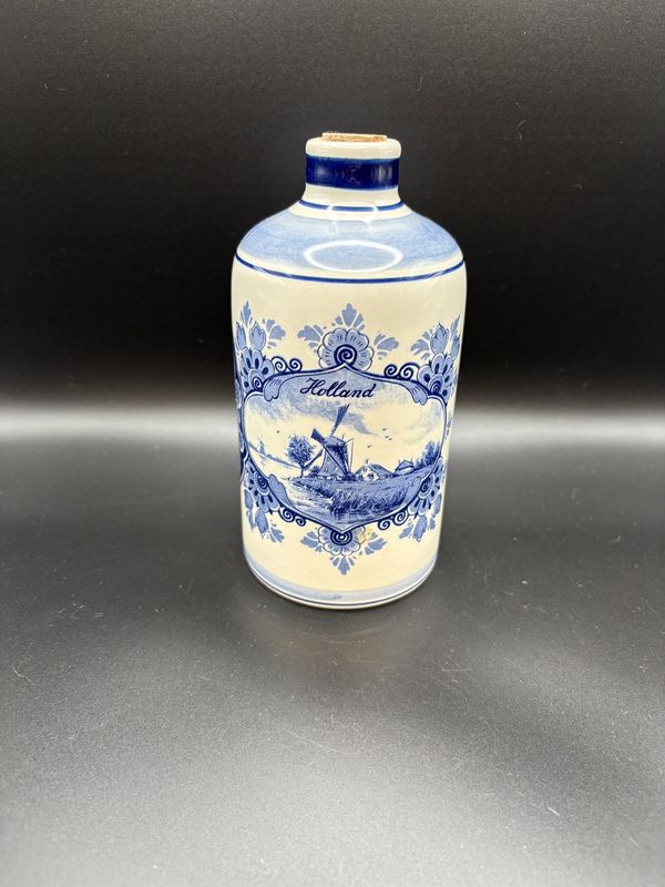 Ceramic. Netherlands. Delft. White &amp; Blue Corked Bottle w/Windmill and Ship Design. 6.5&quot;H