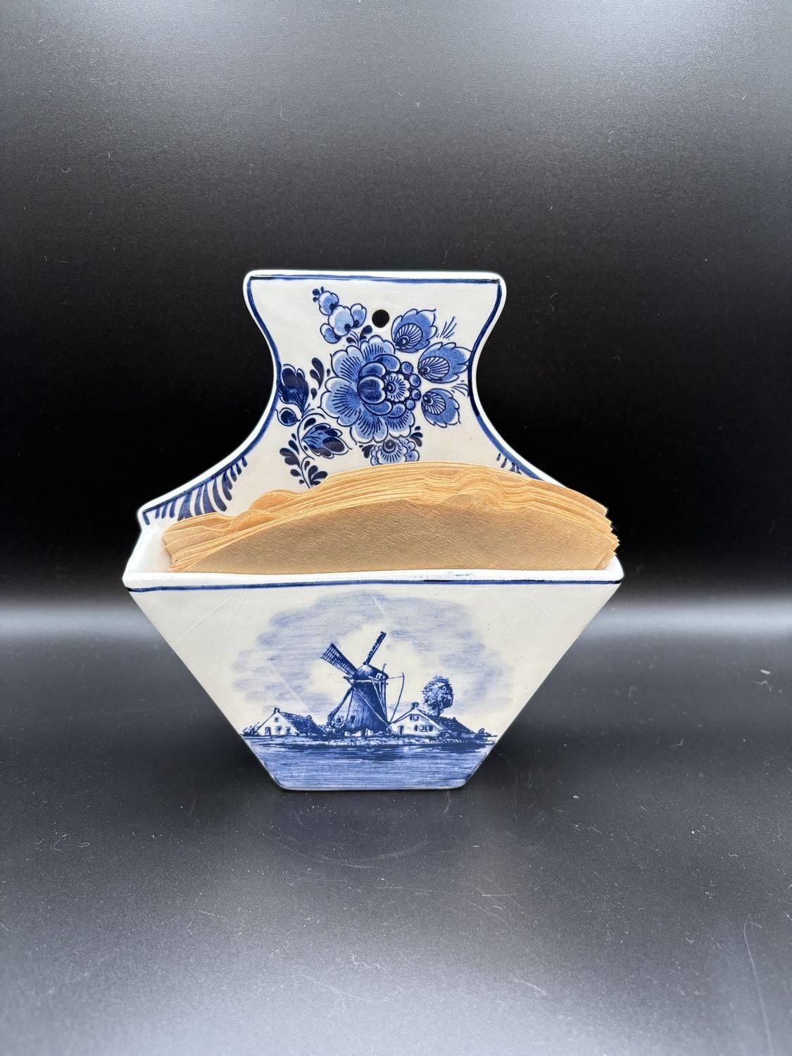 Ceramic. Netherlands. Delft. White &amp; Blue Coffee Filter Holder w/ Windmill Design (Filters Included). 7&quot;H