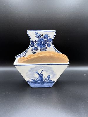 Ceramic. Netherlands. Delft. White &amp; Blue Coffee Filter Holder w/ Windmill Design (Filters Included). 7"H