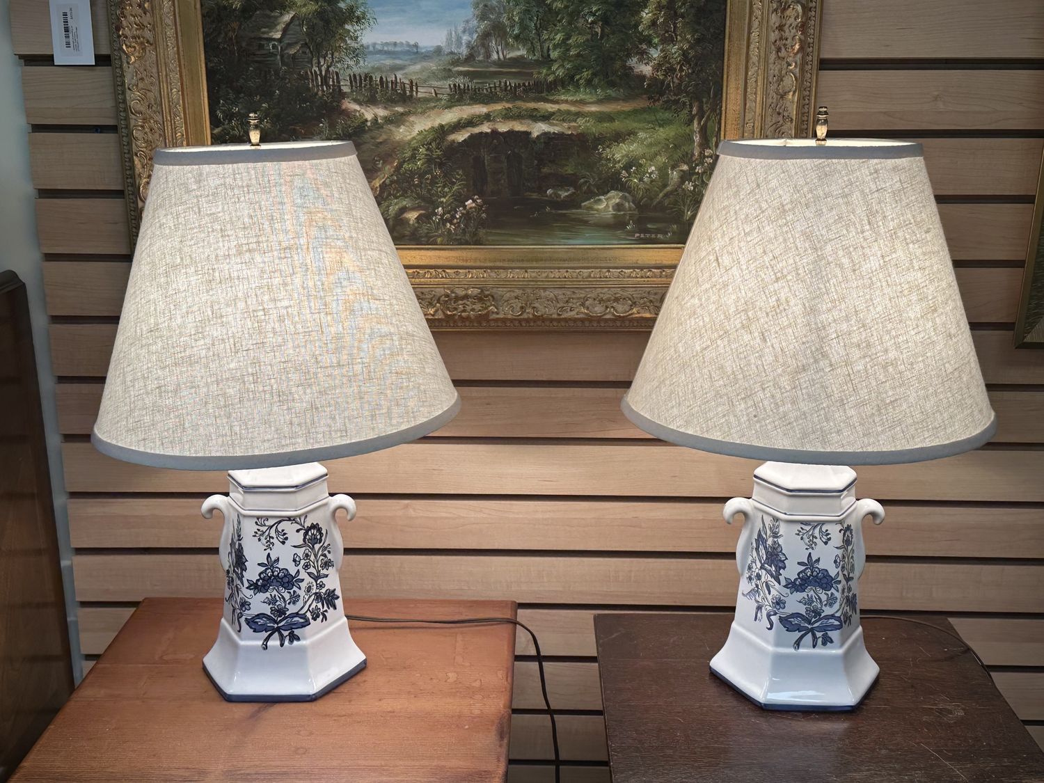 Lighting. Table Lamp (Pair). White &amp; Blue Onion Design with Shades. 23&quot;H