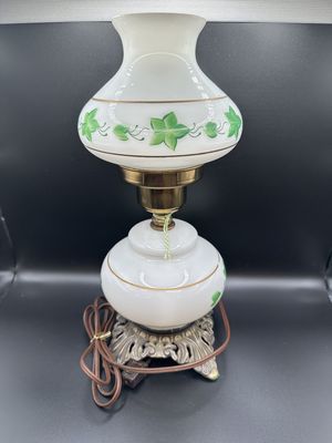 Lighting. USA. Hurricane Table Lamp. White w/Green Floral Design &amp; Gold Band. 15"H