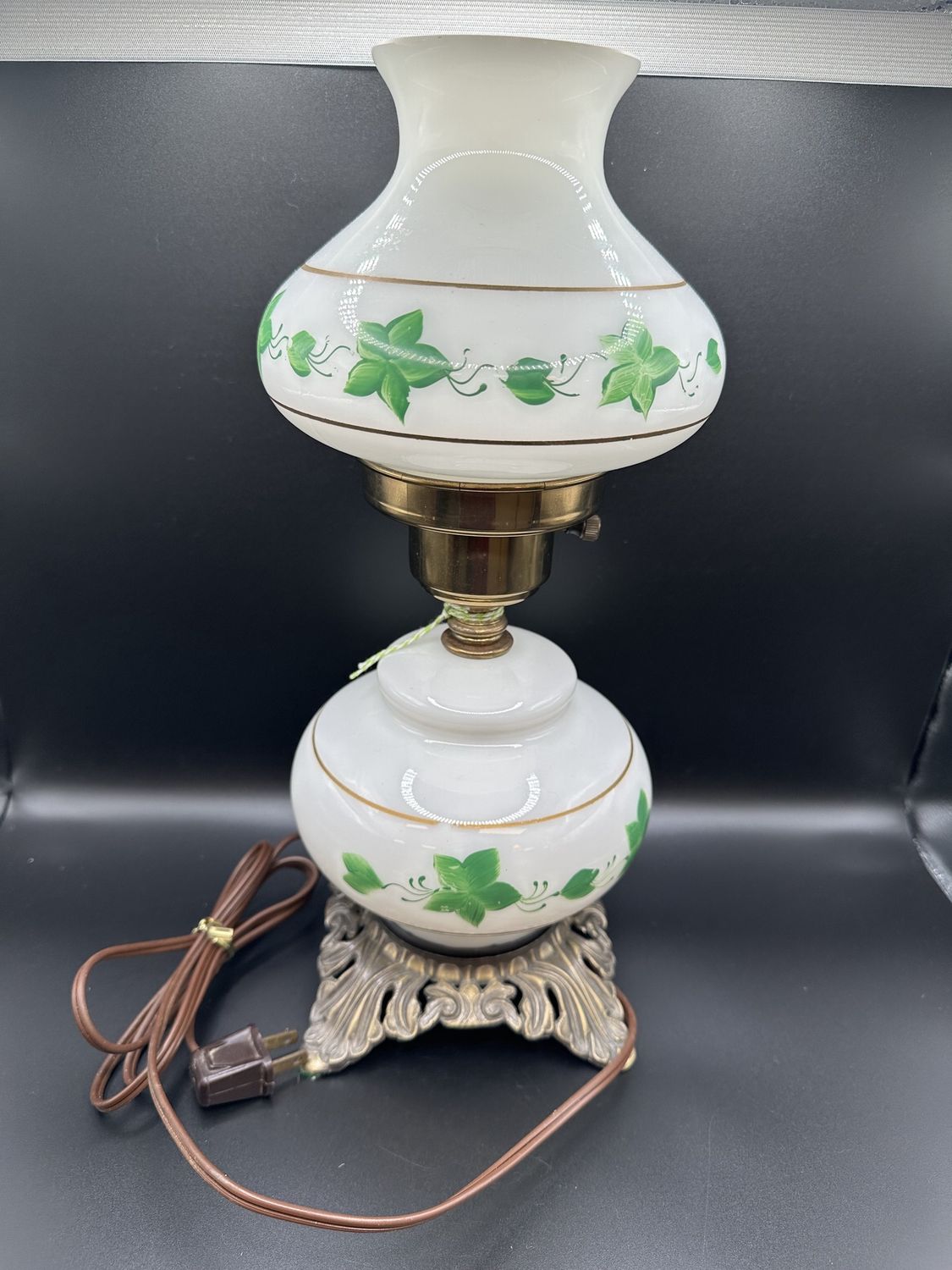 Lighting. USA. Hurricane Table Lamp. White w/Green Floral Design &amp; Gold Band. 15&quot;H
