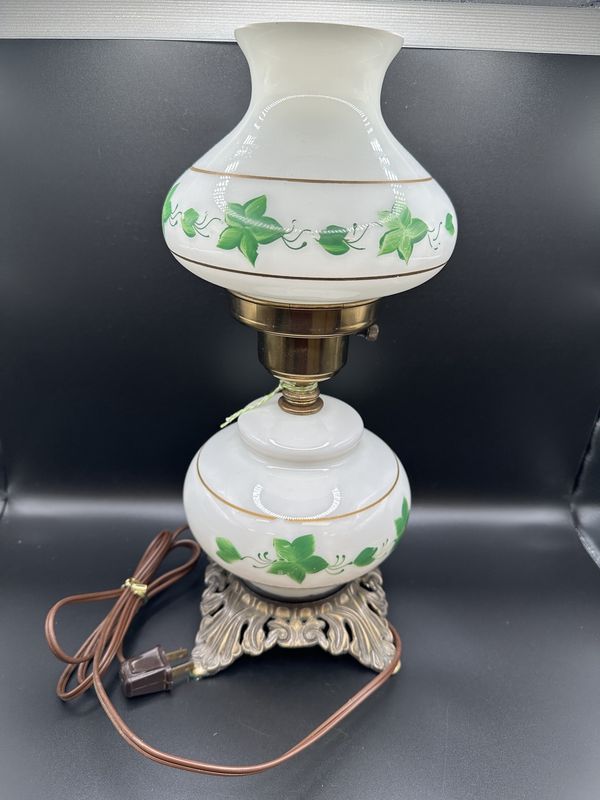 Lighting. USA. Hurricane Table Lamp. White w/Green Floral Design &amp; Gold Band. 15&quot;H