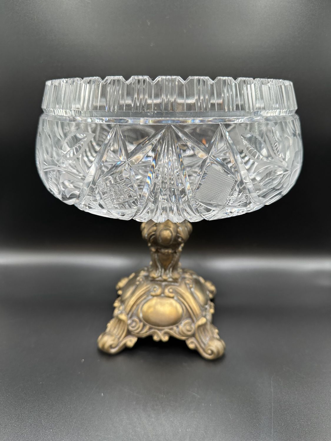 Crystal. USA. Compote. Cut Crystal with Antique Brass Base. Vintage. 9&quot;H