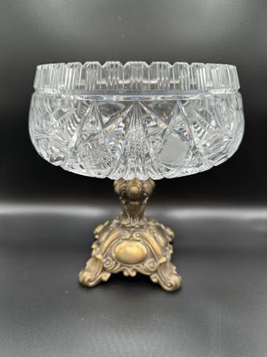 Crystal. USA. Compote. Cut Crystal with Antique Brass Base. Vintage. 9"H