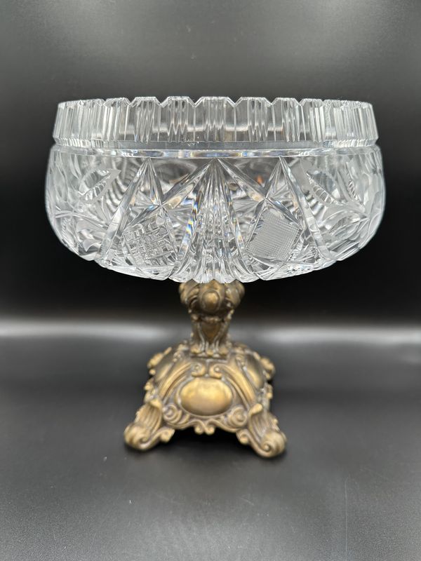 Crystal. USA. Compote. Cut Crystal with Antique Brass Base. Vintage. 9&quot;H