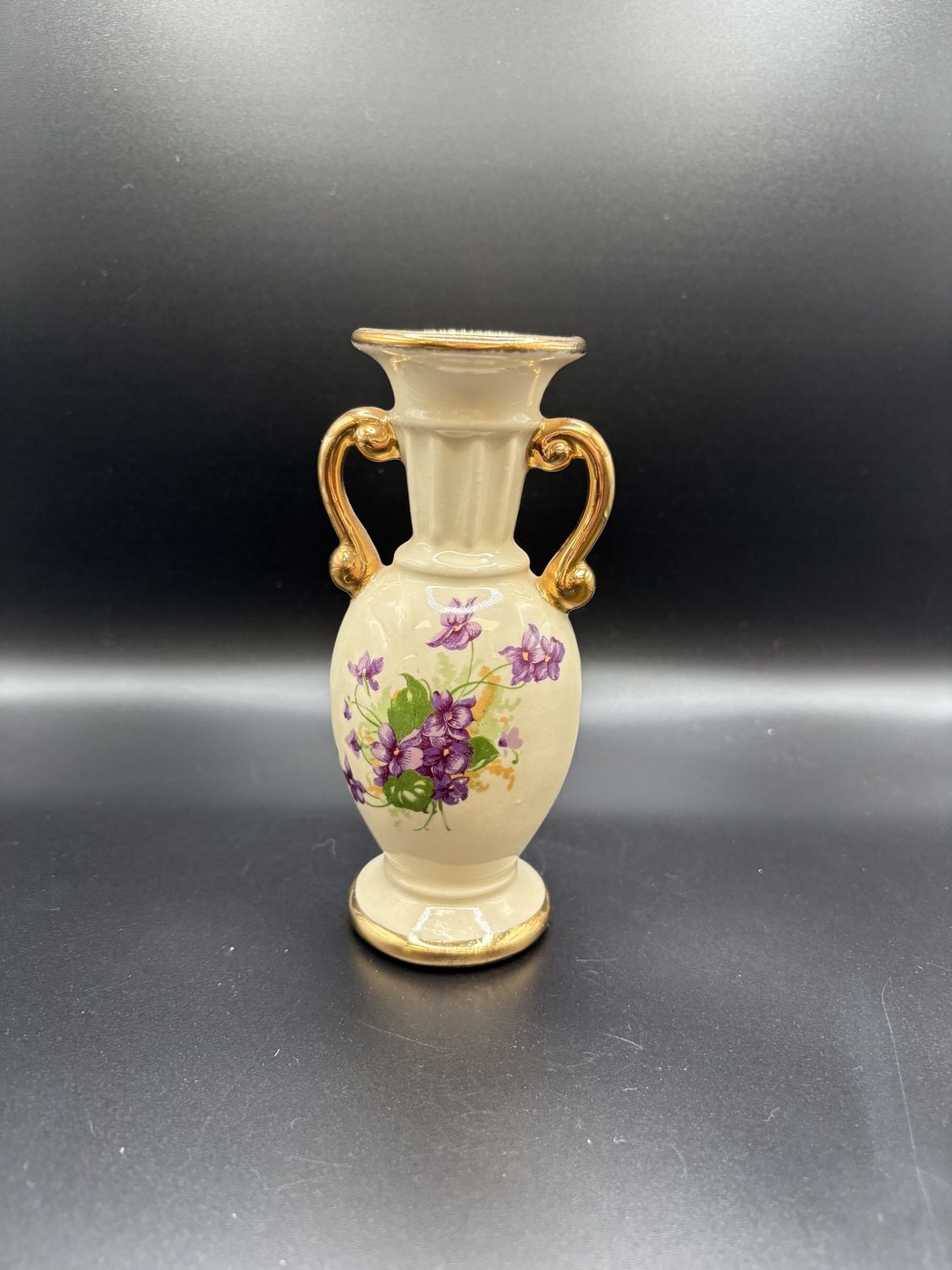 Porcelain. Vase w/2 Handles. Purple Violets &amp; Gold Trim. 6&quot;H