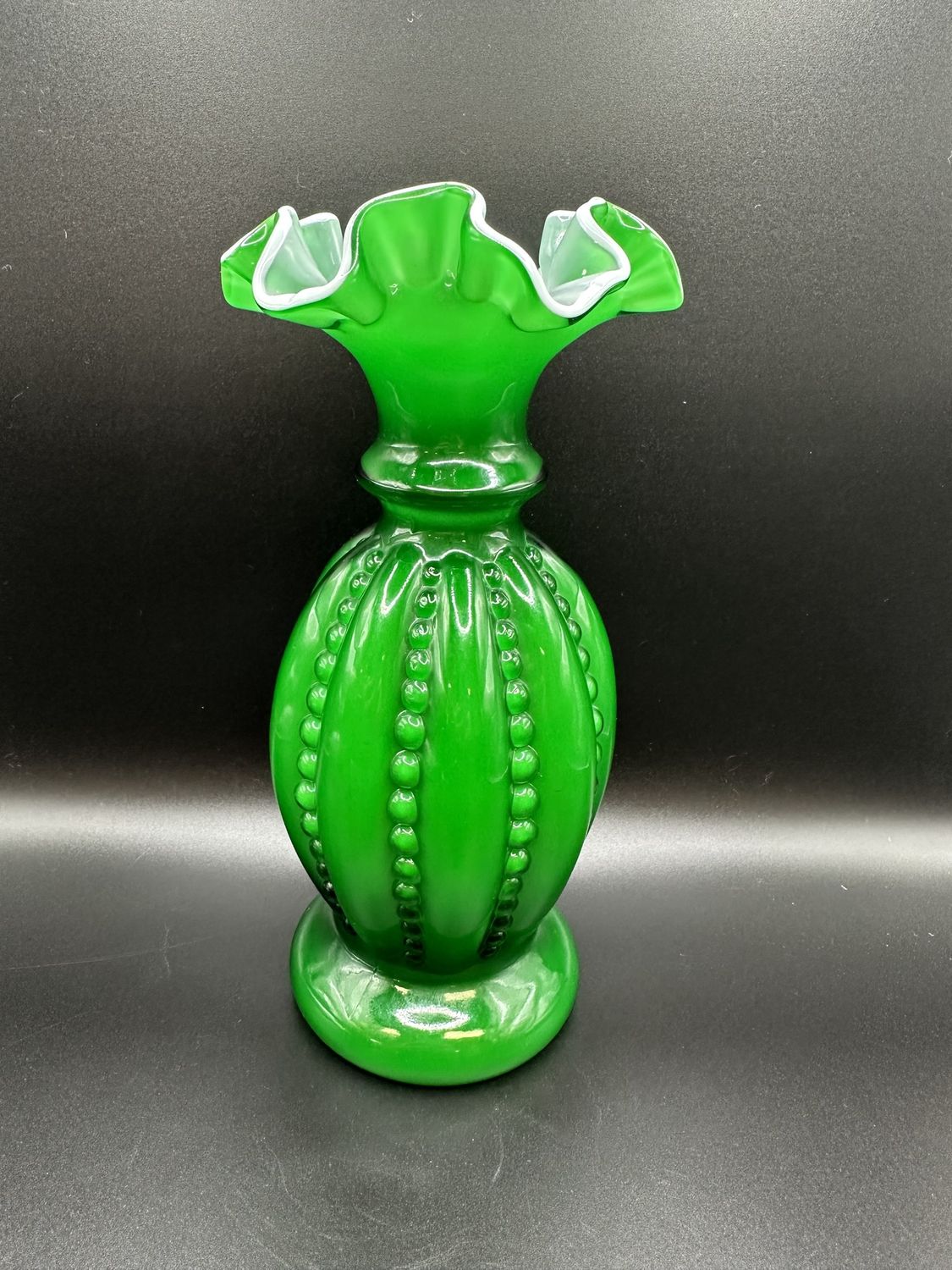 Glass. USA. Fenton. Vase. Beaded Melon. Ivy Green Overlay on White. 8.5&quot;H