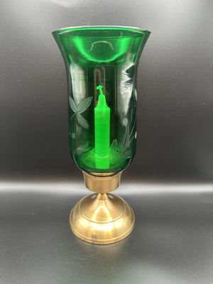 Home &amp; Bath. Hurricane-style Candle Holder. Green Glass w/Etching, Gold Base. 10.5"H