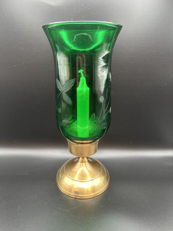 Home &amp; Bath. Hurricane-style Candle Holder. Green Glass w/Etching, Gold Base. 10.5&quot;H