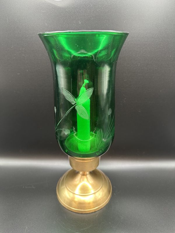Home &amp; Bath. Hurricane-style Candle Holder. Green Glass w/Etching, Gold Base. 10.5"H