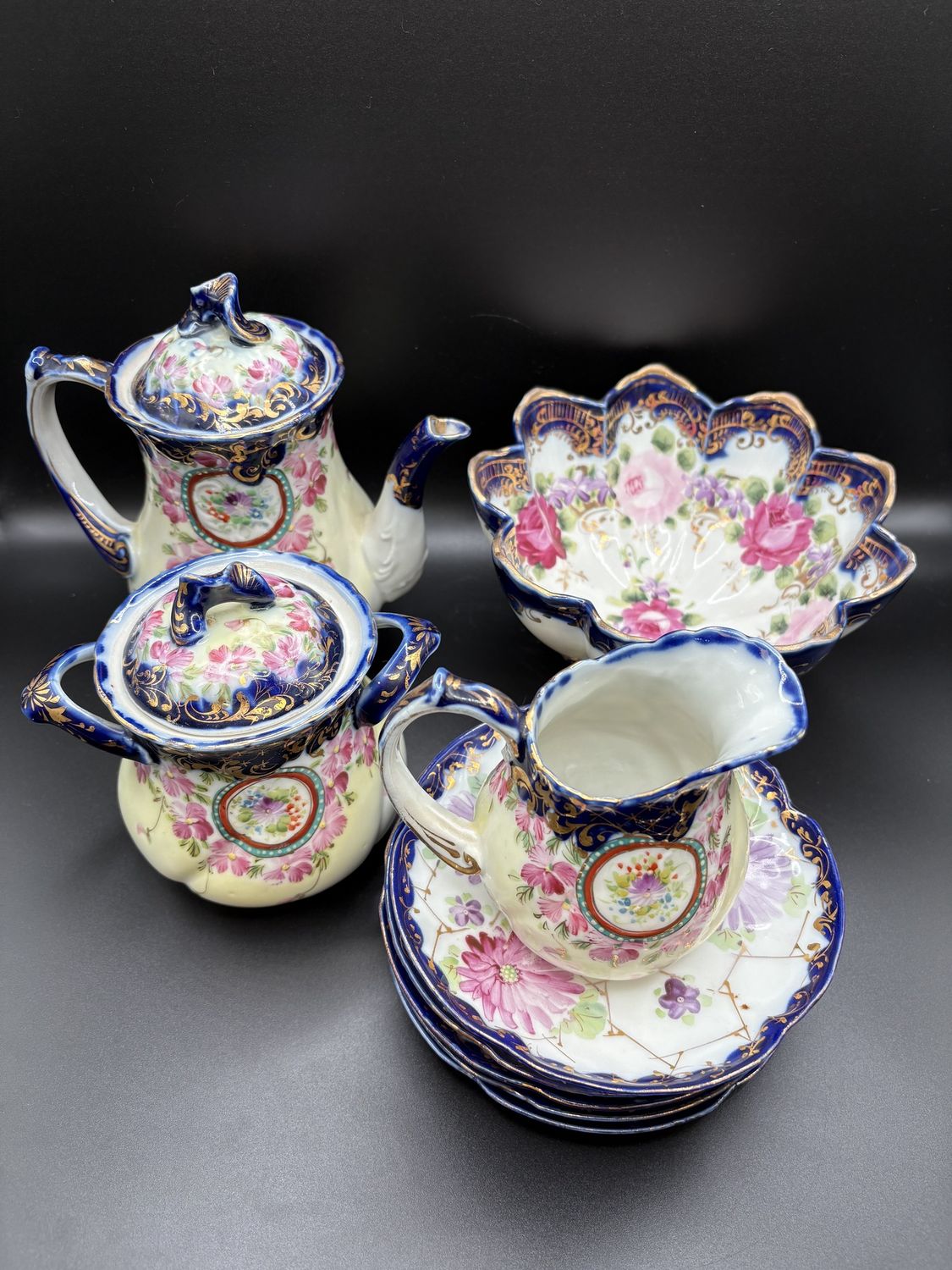 Porcelain. Japan. Nippon. Tea Set. Tea Pot, Sugar, Creamer, Bowl, 5 Saucers. (9 Piece Set). 7&quot;H