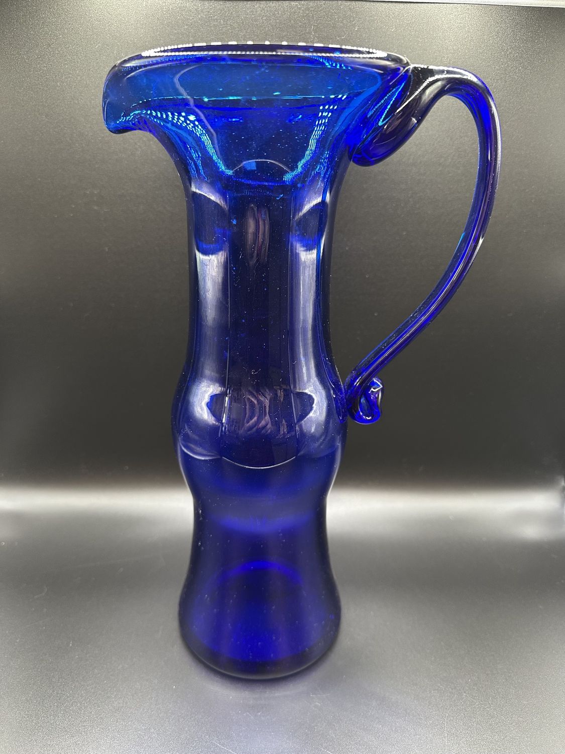 Glass. USA. Richard Blenko. Tall Cobalt Blue Vase w/Applied Handle. Signed. 12.5&quot;H