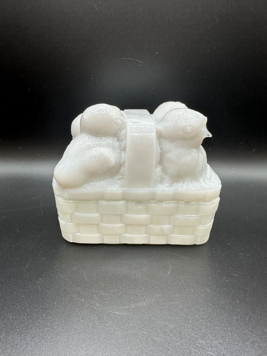 Glass. USA. Antique (1800s) Milk Glass Box w/Lid. Chicks in a Basket. 4.25&quot;W