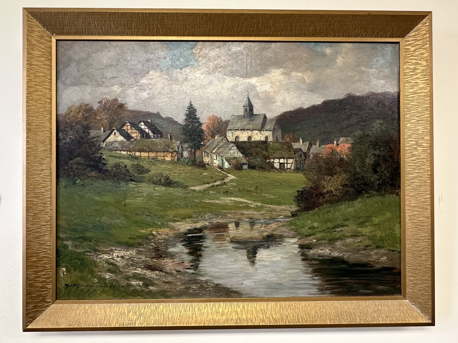 Artwork (Painting). Germany. Paul Putzhofen Hambuchen (1879-1939). German Village, Church, &amp; Stream. 36&quot;W x 28&quot;H