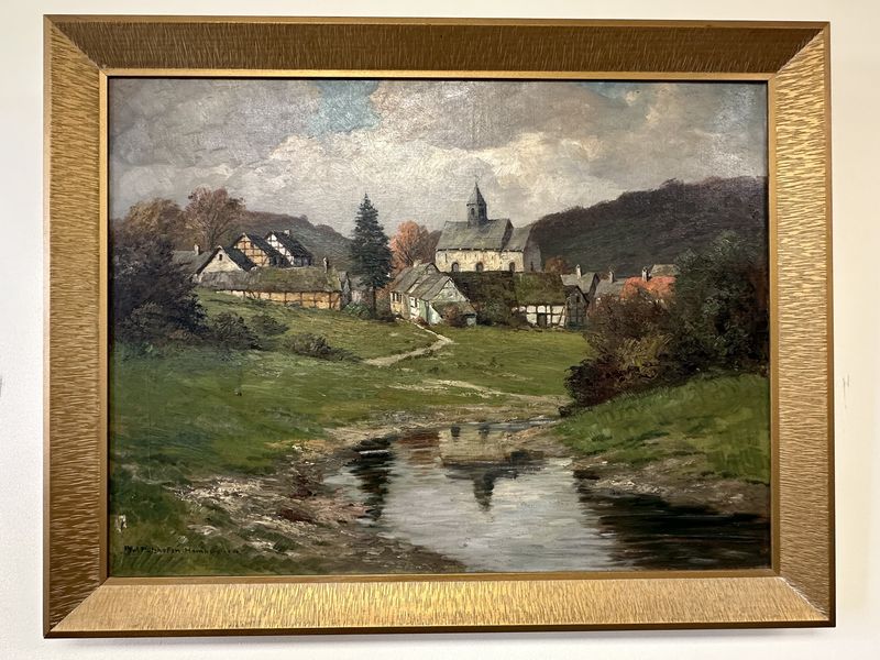 Artwork (Painting). Germany. Paul Putzhofen Hambuchen (1879-1939). German Village, Church, &amp; Stream. 36&quot;W x 28&quot;H