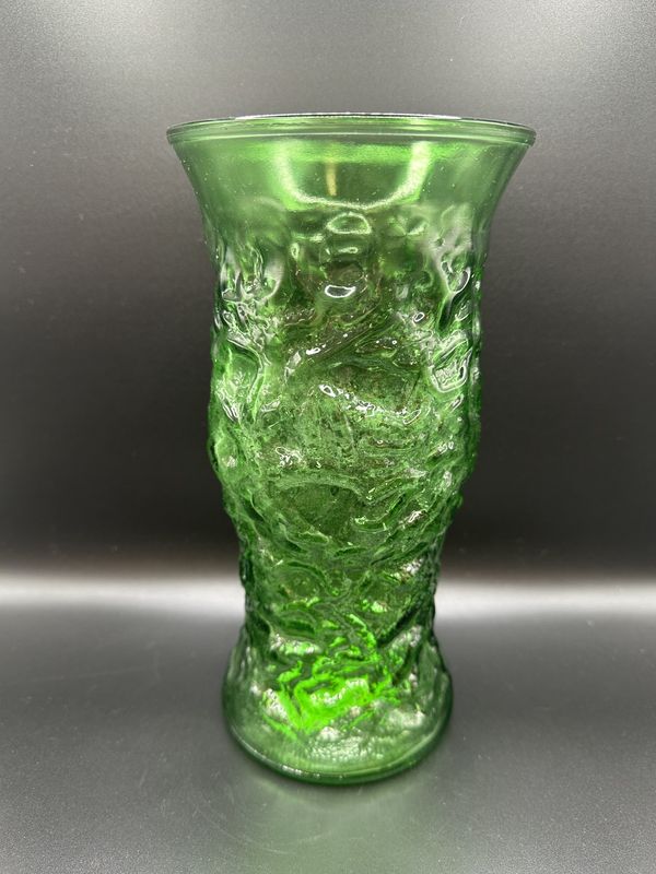 Glass. USA. E.O. Brody Co. Avocado Green Crinkle and Pebble Textured Vase. Mid 20th Century (1941-1969). 9.5&quot;H