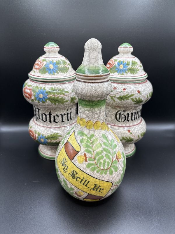Kitchen Misc. Germany. Apothecary Jars (3) w/Lids, Vintage. Marble. Gray w/Painted Flowers. 9.5&quot;H