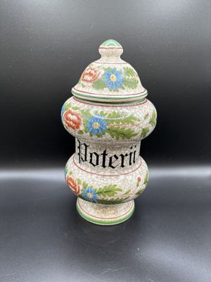 Kitchen Misc. Germany. Apothecary Jars (3) w/Lids, Vintage. Marble. Gray w/Painted Flowers. 9.5"H