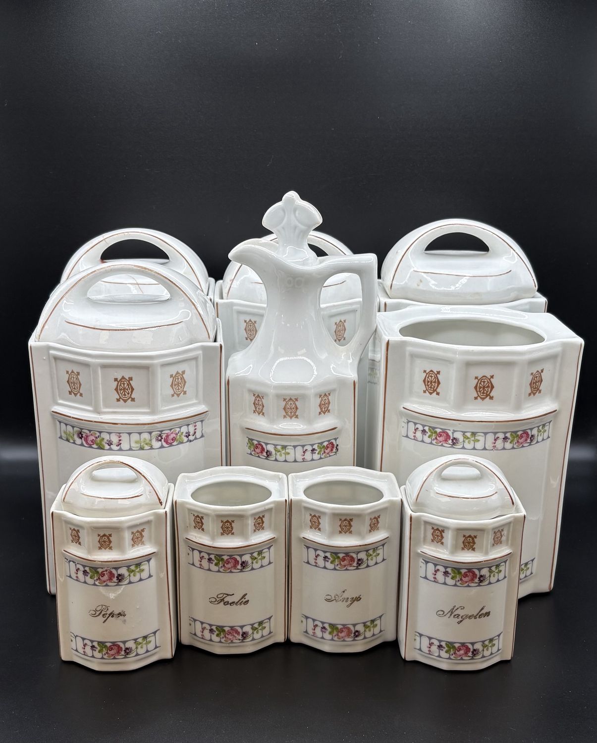 Kitchen Misc. Germany. Ceramic Canister Set. Antique. 10-Pieces + Lids. 9.75&quot;H