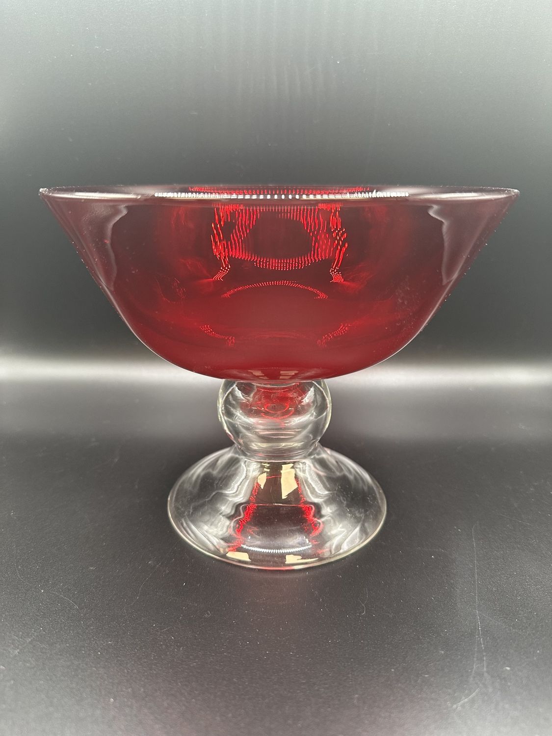 Glass. USA. Compote. Ruby Red with Clear Pedestal Base. 6.25&#39;&#39;H.