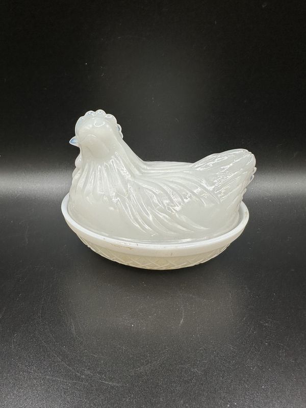 Glass. USA. Atlas. Milk Glass Hen on Nest. White. 5&quot;L