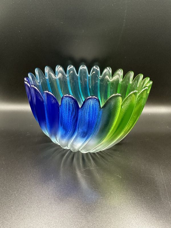 Glass. Germany. Walther &amp; Sohne. Blue and Green Bowl w/Scalloped Edge. 4.75&quot;H