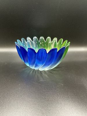 Glass. Germany. Walther &amp; Sohne. Small Blue and Green Bowl w/Scalloped Edge. 3.25"H
