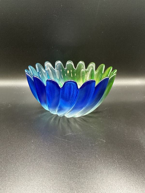 Glass. Germany. Walther &amp; Sohne. Small Blue and Green Bowl w/Scalloped Edge. 3.25&quot;H